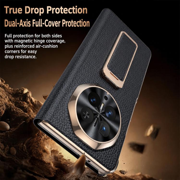 For Honor Magic V6 Rotating Wristband Holder View Window Genuine Leather Phone Case
