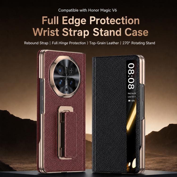 For Honor Magic V6 Rotating Wristband Holder View Window Genuine Leather Phone Case