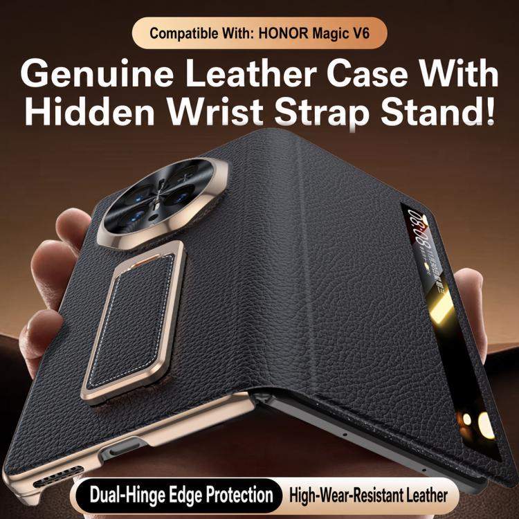 For Honor Magic V6 Rotating Wristband Holder View Window Genuine Leather Phone Case