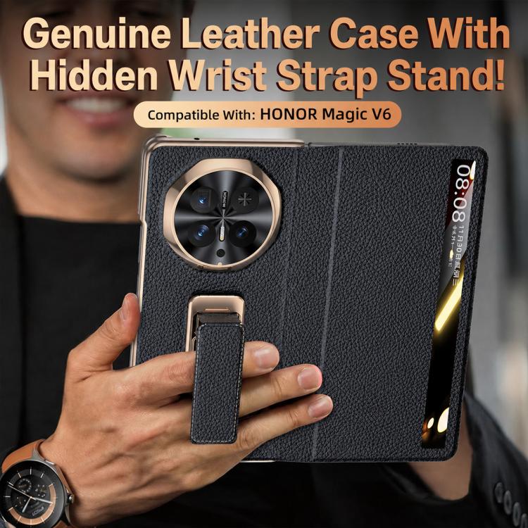 For Honor Magic V6 Rotating Wristband Holder View Window Genuine Leather Phone Case