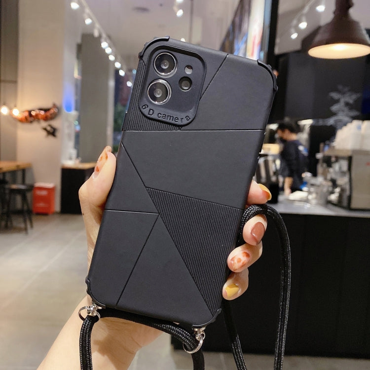 For iPhone 12 mini Geometric Stitching Skin Feeling Stripe TPU Shockproof Case with Neck Lanyard