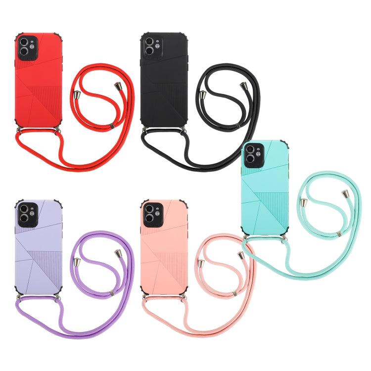 For iPhone 12 mini Geometric Stitching Skin Feeling Stripe TPU Shockproof Case with Neck Lanyard