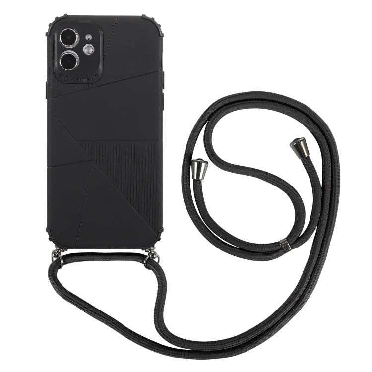 For iPhone 12 / 12 Pro Geometric Stitching Skin Feeling Stripe TPU Shockproof Case with Neck Lanyard