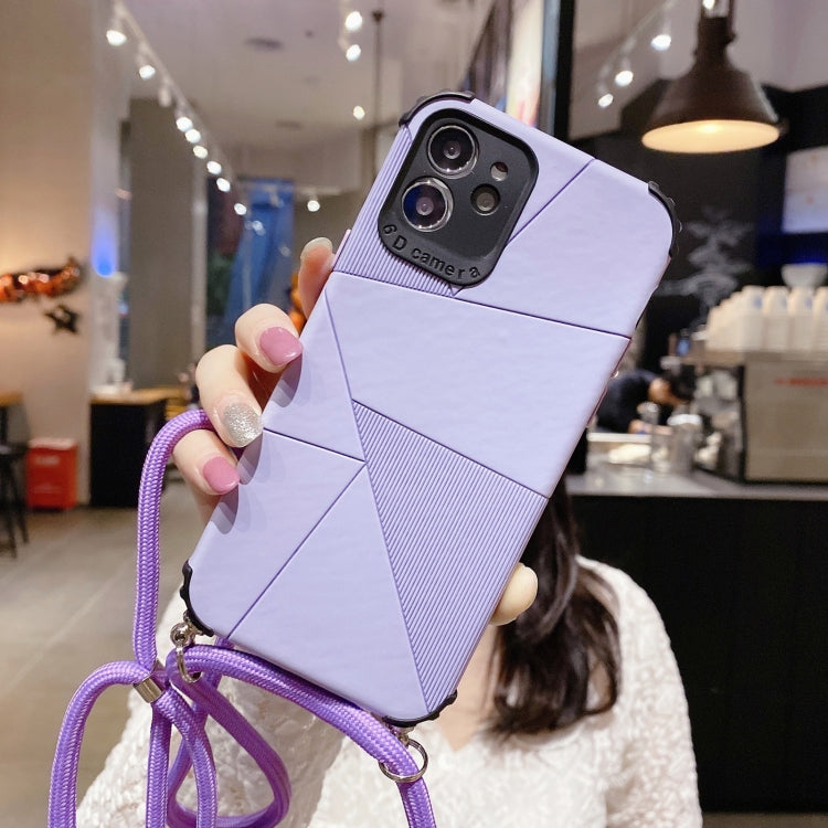 For iPhone 12 / 12 Pro Geometric Stitching Skin Feeling Stripe TPU Shockproof Case with Neck Lanyard
