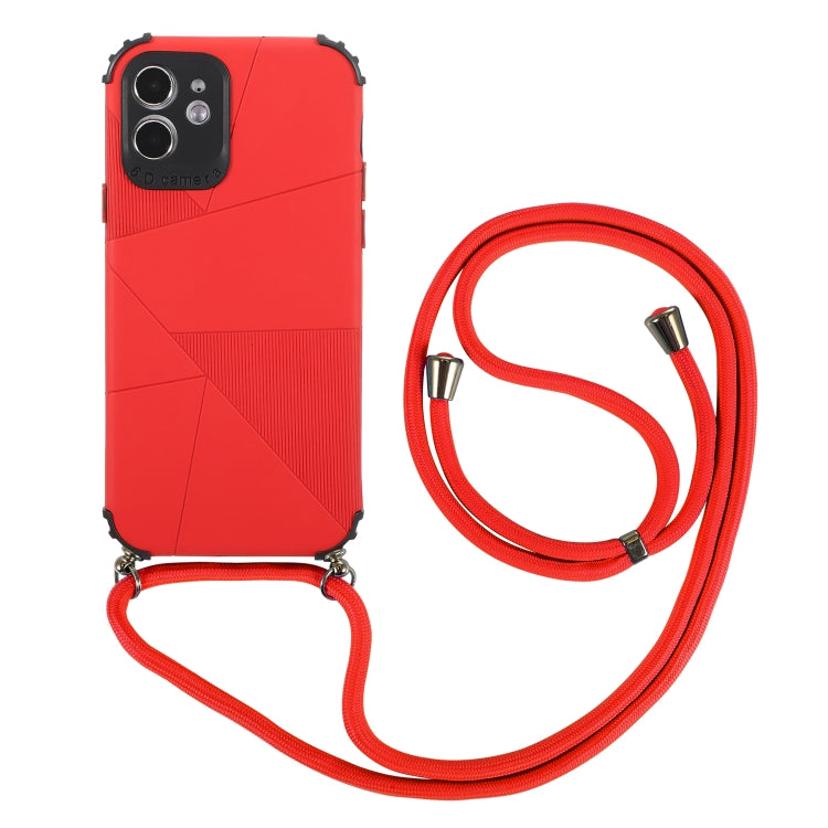 For iPhone 12 / 12 Pro Geometric Stitching Skin Feeling Stripe TPU Shockproof Case with Neck Lanyard