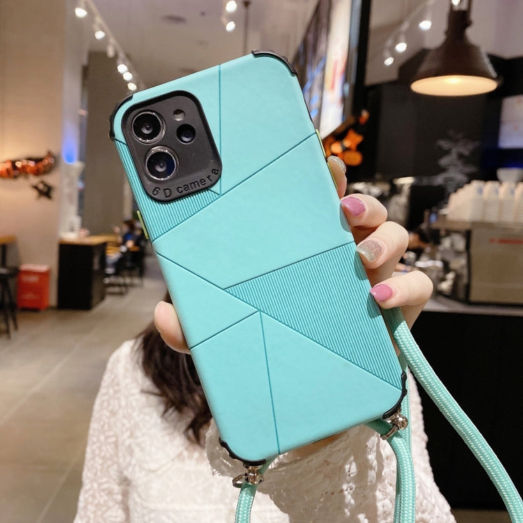 For iPhone 12 / 12 Pro Geometric Stitching Skin Feeling Stripe TPU Shockproof Case with Neck Lanyard