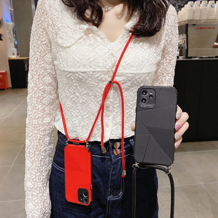 For iPhone 12 / 12 Pro Geometric Stitching Skin Feeling Stripe TPU Shockproof Case with Neck Lanyard