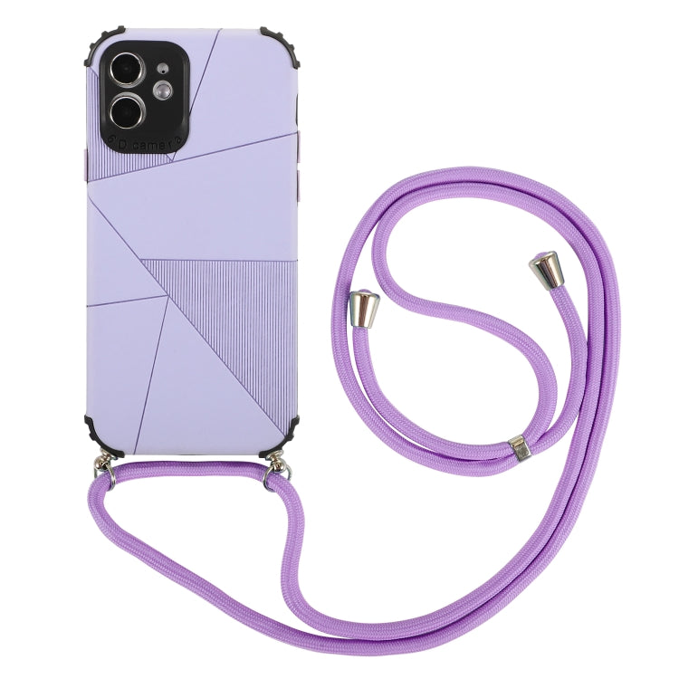 For iPhone 12 Pro Max Geometric Stitching Skin Feeling Stripe TPU Shockproof Case with Neck Lanyard