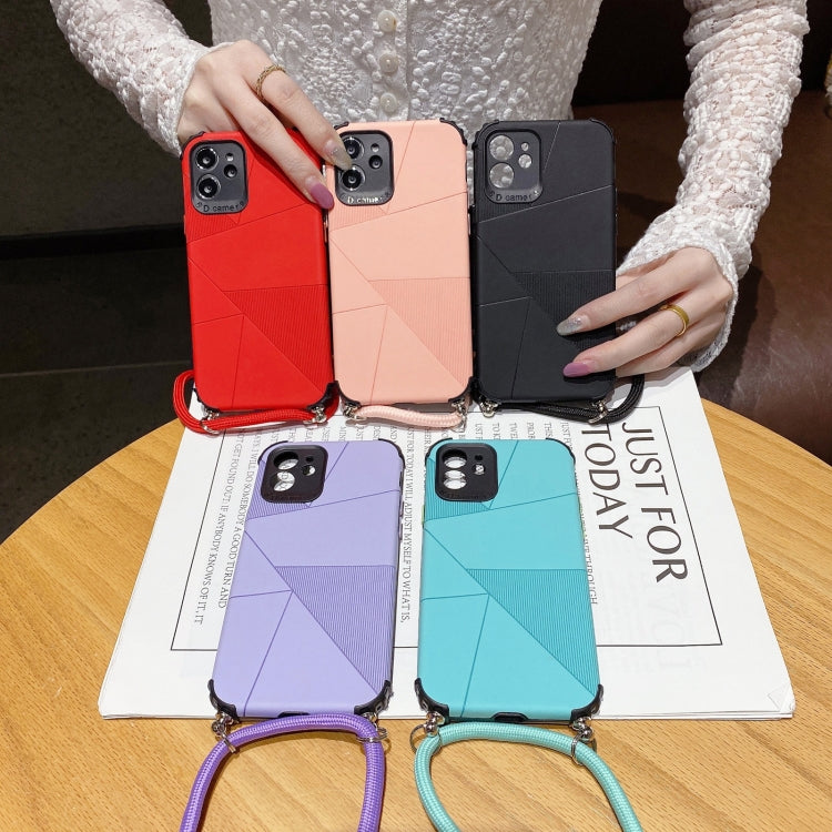 For iPhone 12 Pro Max Geometric Stitching Skin Feeling Stripe TPU Shockproof Case with Neck Lanyard