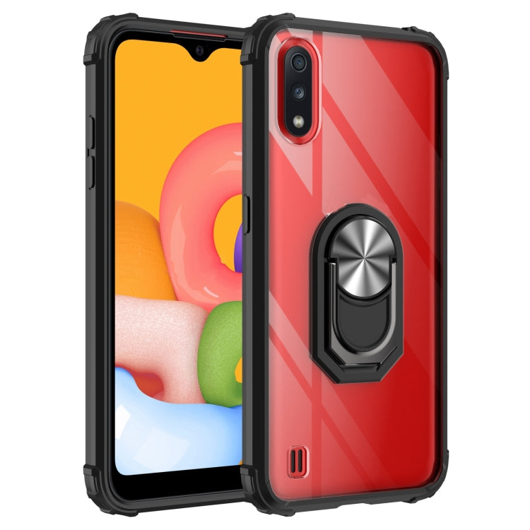 For Samsung Galaxy A01(US Version) Shockproof Transparent TPU + Acrylic Protective Case with Ring Holder