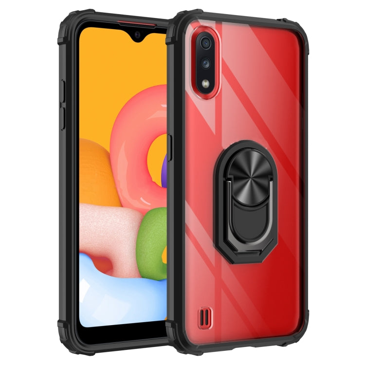 For Samsung Galaxy A01(US Version) Shockproof Transparent TPU + Acrylic Protective Case with Ring Holder