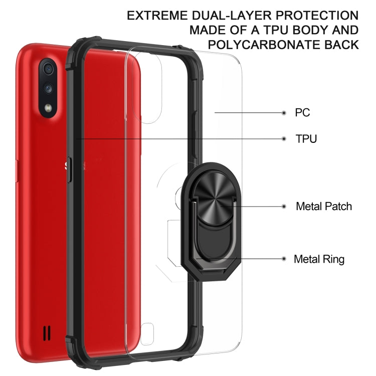 For Samsung Galaxy A01(US Version) Shockproof Transparent TPU + Acrylic Protective Case with Ring Holder