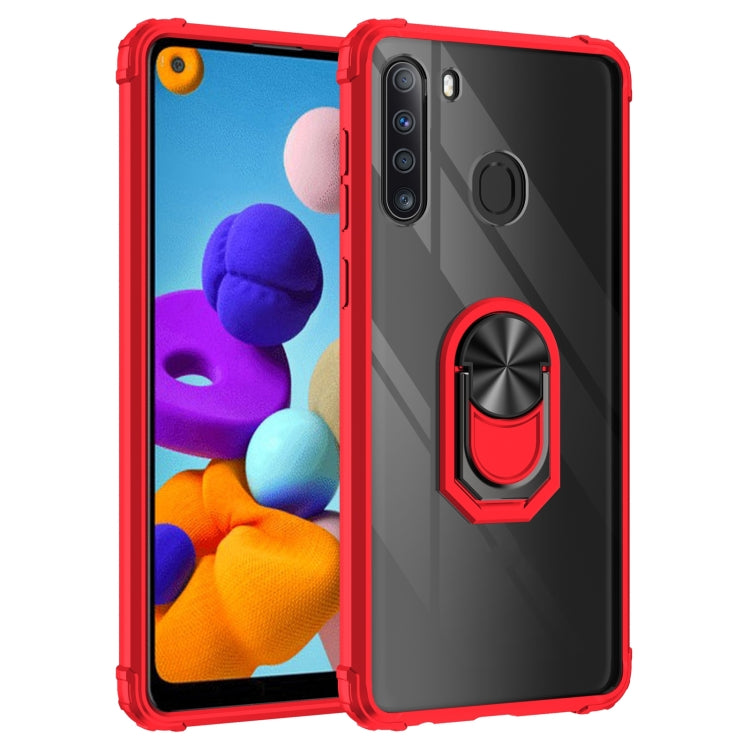 For Samsung Galaxy A21 Shockproof Transparent TPU + Acrylic Protective Case with Ring Holder