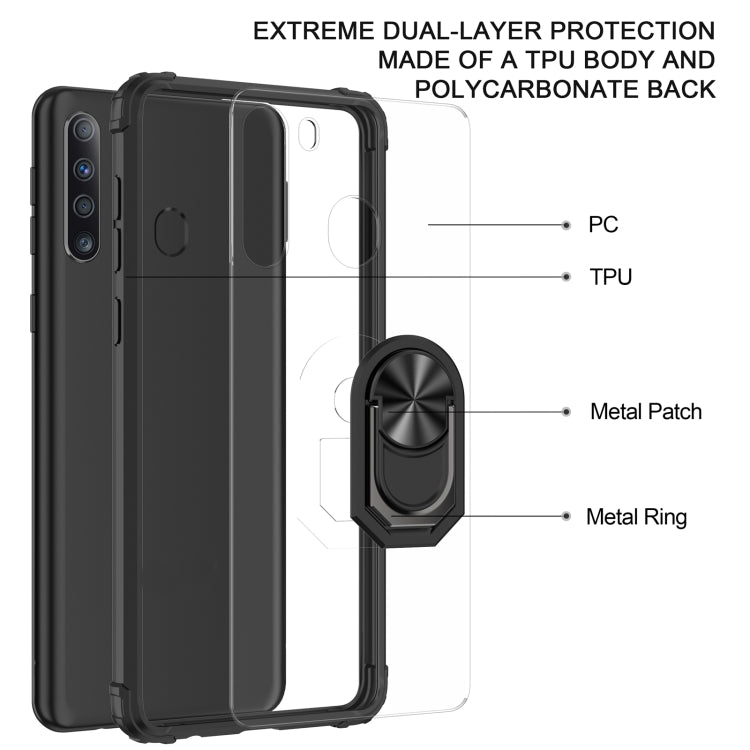 For Samsung Galaxy A21 Shockproof Transparent TPU + Acrylic Protective Case with Ring Holder