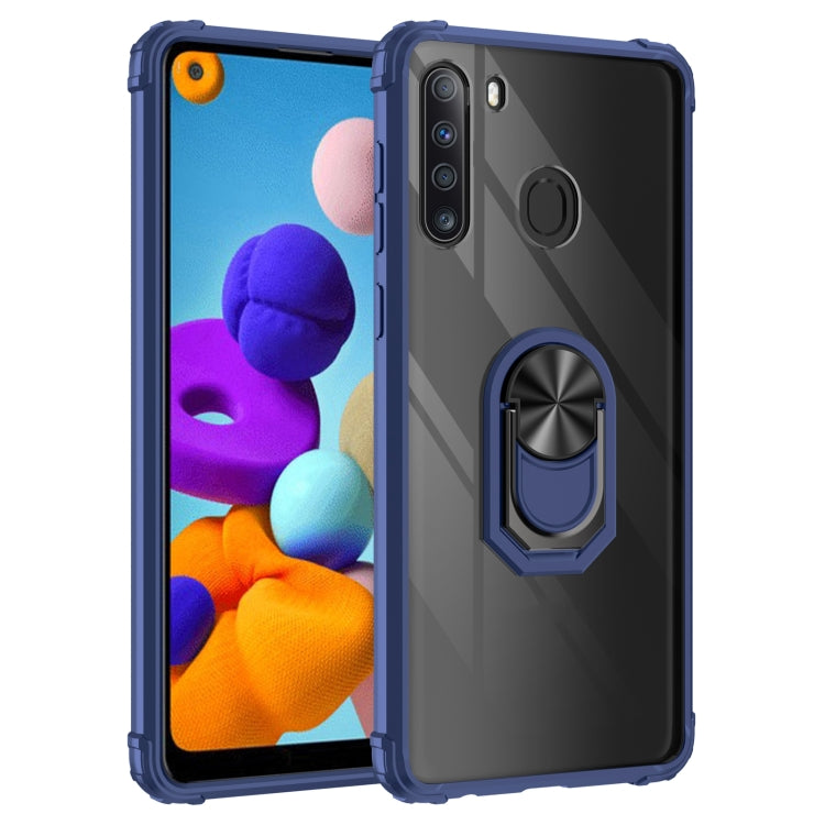 For Samsung Galaxy A21 Shockproof Transparent TPU + Acrylic Protective Case with Ring Holder
