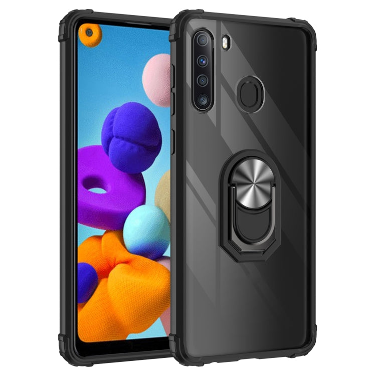 For Samsung Galaxy A21 Shockproof Transparent TPU + Acrylic Protective Case with Ring Holder