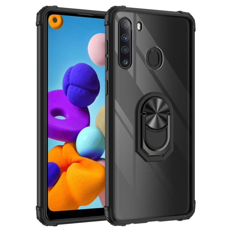 For Samsung Galaxy A21 Shockproof Transparent TPU + Acrylic Protective Case with Ring Holder