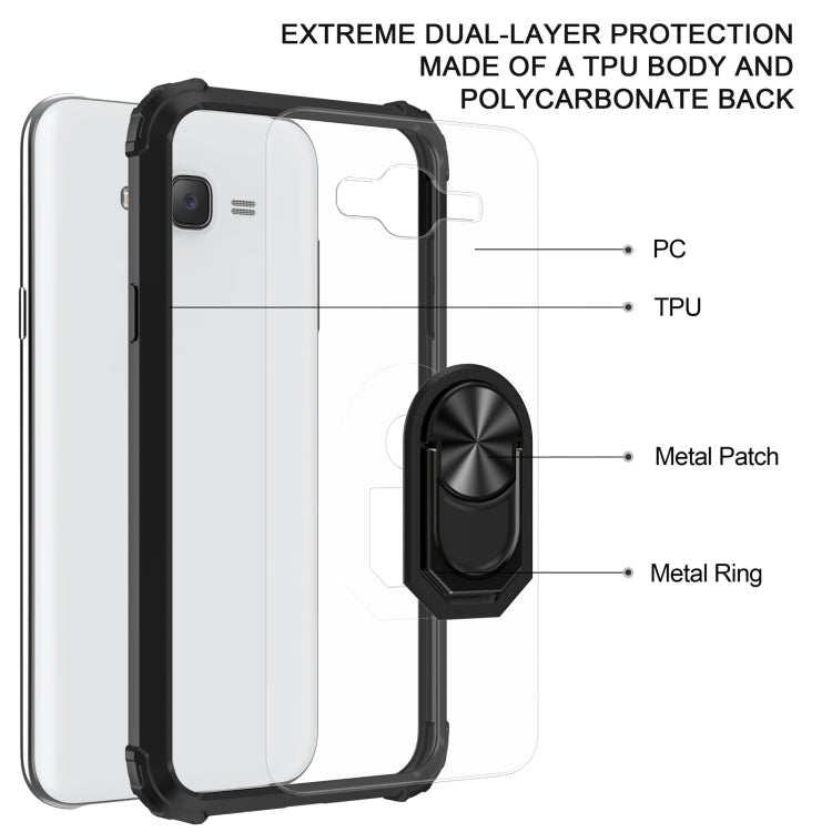 For Samsung Galaxy J7 Shockproof Transparent TPU + Acrylic Protective Case with Ring Holder