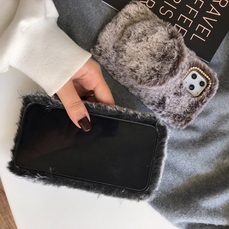 For iPhone 12 Pro Max Plush Shockproof Case with Mirror Holder(Black)