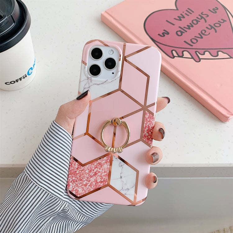 For iPhone 12 / 12 Pro Plating Marble Pattern Soft TPU Protective Case with Ring Holder
