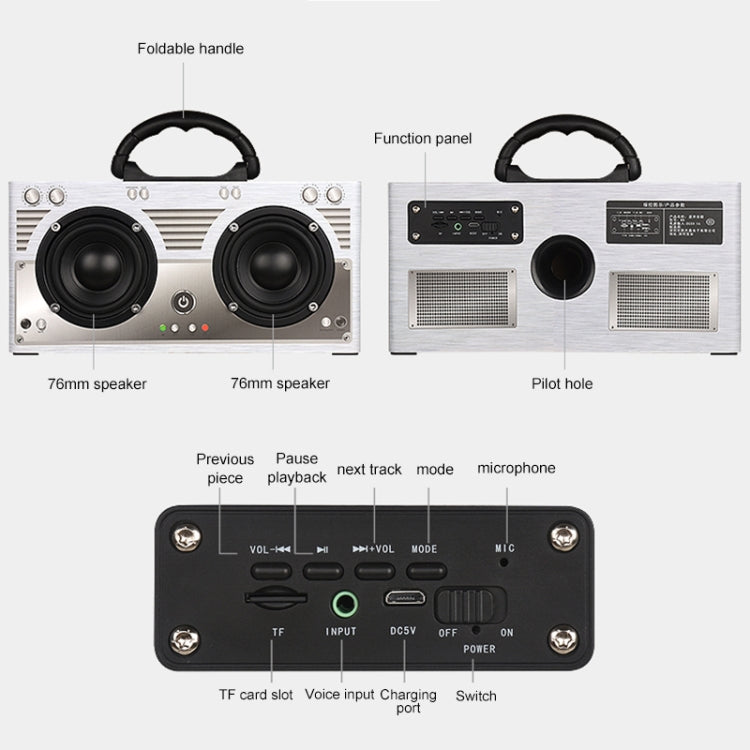 W9 Portable Retro Wooden Bluetooth Speaker, Support TF Card & 3.5mm AUX(Retro Silver)