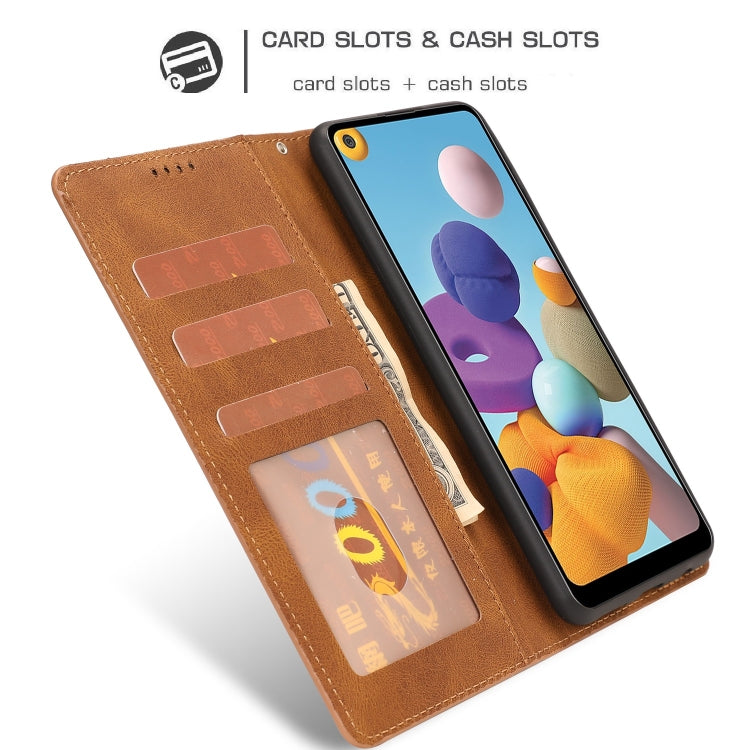 For Samsung Galaxy A21 Fantasy Classic Skin-feel Calfskin Texture Magnetic Buckle Horizontal Flip PU Leather Case with Holder & Card Slot & Wallet