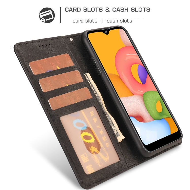 For Samsung Galaxy A01 (EU Version) Fantasy Classic Skin-feel Calfskin Texture Magnetic Buckle Horizontal Flip PU Leather Case with Holder & Card Slot & Wallet