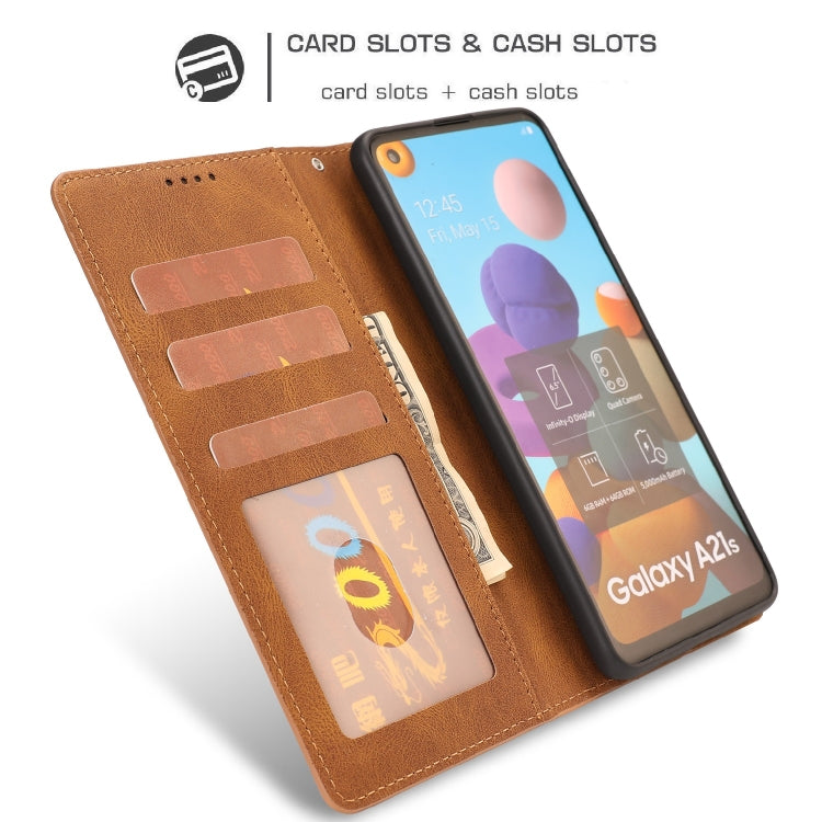 For Samsung Galaxy A21s Fantasy Classic Skin-feel Calfskin Texture Magnetic Buckle Horizontal Flip PU Leather Case with Holder & Card Slot & Wallet