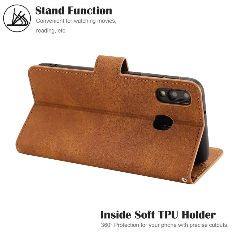 For Samsung Galaxy M20 Fantasy Classic Skin-feel Calfskin Texture Magnetic Buckle Horizontal Flip PU Leather Case with Holder & Card Slot & Wallet