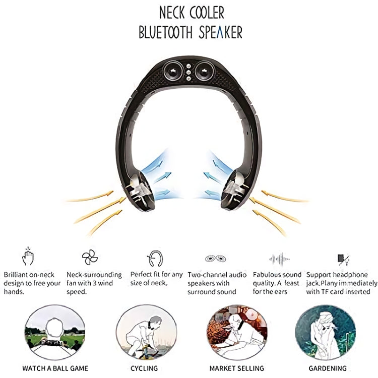 USB Portable Hanging Neck Type Electric Fan + Bluetooth Speaker (Black)
