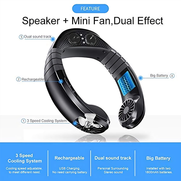 USB Portable Hanging Neck Type Electric Fan + Bluetooth Speaker (Black)