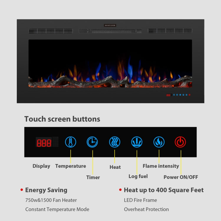 [UK Warehouse] 750W / 1500W 50 inch In Wall Electric Fireplace with Three Kinds LED Lights & 5 Levels Flame Adjustment & Remote Control & Timing Function
