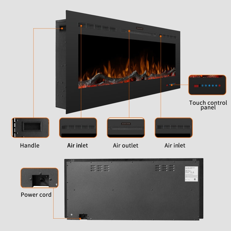 [UK Warehouse] 750W / 1500W 50 inch In Wall Electric Fireplace with Three Kinds LED Lights & 5 Levels Flame Adjustment & Remote Control & Timing Function
