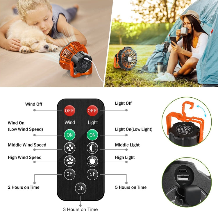 X10 Portable Outdoor Camping USB Charging Remote Control Fan with LED Light (Orange)