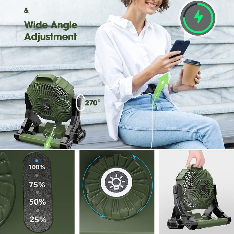 X35 Portable Outdoor Camping USB Charging Stepless Speed Regulation Fan with LED Light (Army Green)