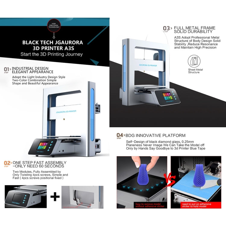 JGAURORA A3S Desktop High Precision Metal Plate Frame Three-Dimensional Physical 3D Printer