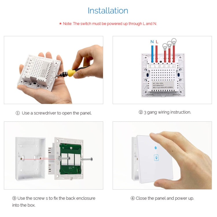 WS-UK-03 EWeLink APP & Touch Control 2A 3 Gangs Tempered Glass Panel Smart Wall Switch, AC 90V-250V, UK Plug