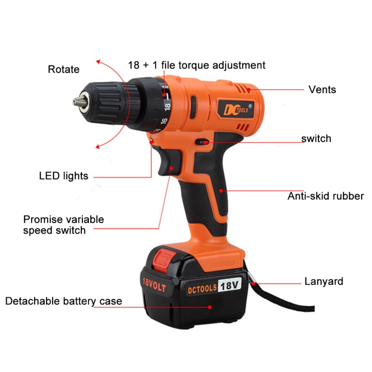 D017-18V Stepless Speed Changing Rechargeable Electric Drill Set with LED light, AC 220V, EU Plug, Random Color Delivery