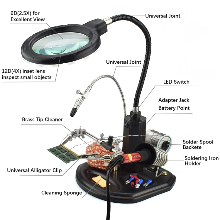 TE-802 16 SMD LEDs Magnifier Soldering Helping Hand Desktop Magnifying Glass Welding Repair Auxiliary Tool