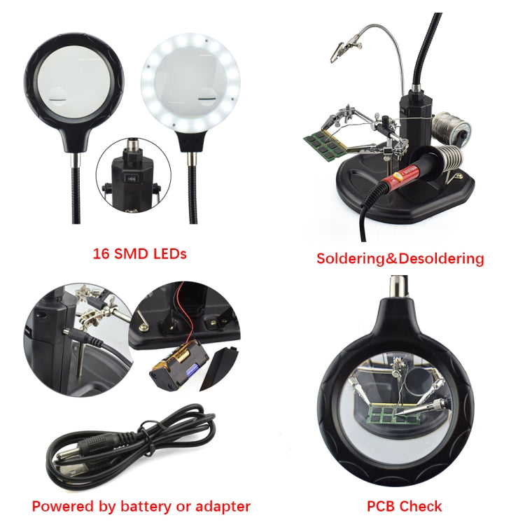 TE-802 16 SMD LEDs Magnifier Soldering Helping Hand Desktop Magnifying Glass Welding Repair Auxiliary Tool
