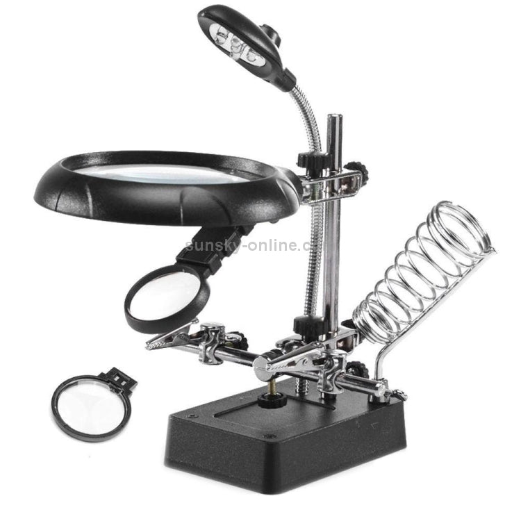 5 LED Auxiliary Clip Magnifier AC/DC Interchangeable with Soldering Stand & Two Magnifier, US Plug  - Silver