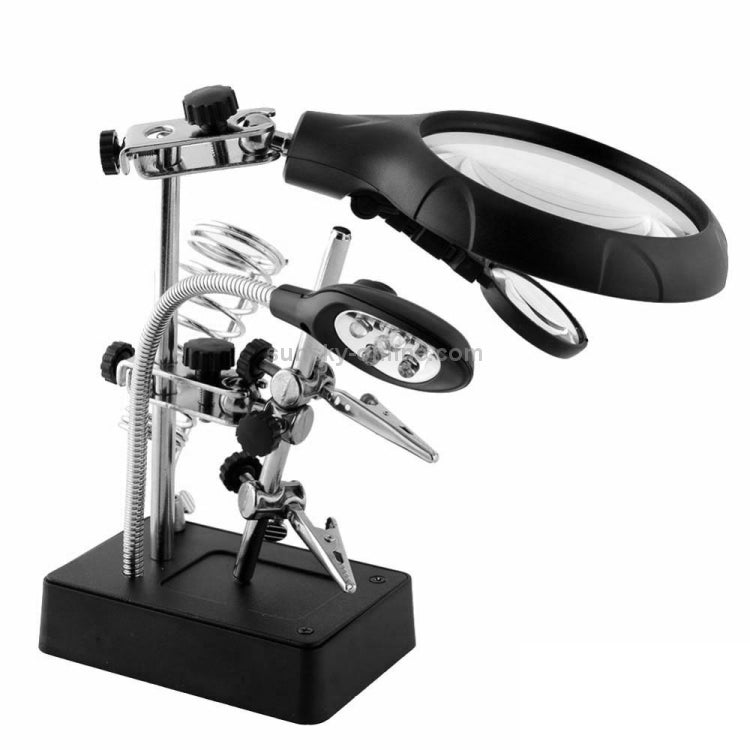 5 LED Auxiliary Clip Magnifier AC/DC Interchangeable with Soldering Stand & Two Magnifier, US Plug  - Silver