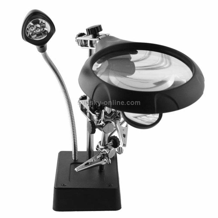 5 LED Auxiliary Clip Magnifier AC/DC Interchangeable with Soldering Stand & Two Magnifier, US Plug  - Silver