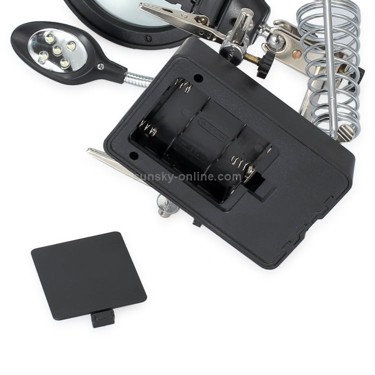 5 LED Auxiliary Clip Magnifier AC/DC Interchangeable with Soldering Stand & Two Magnifier, US Plug  - Silver