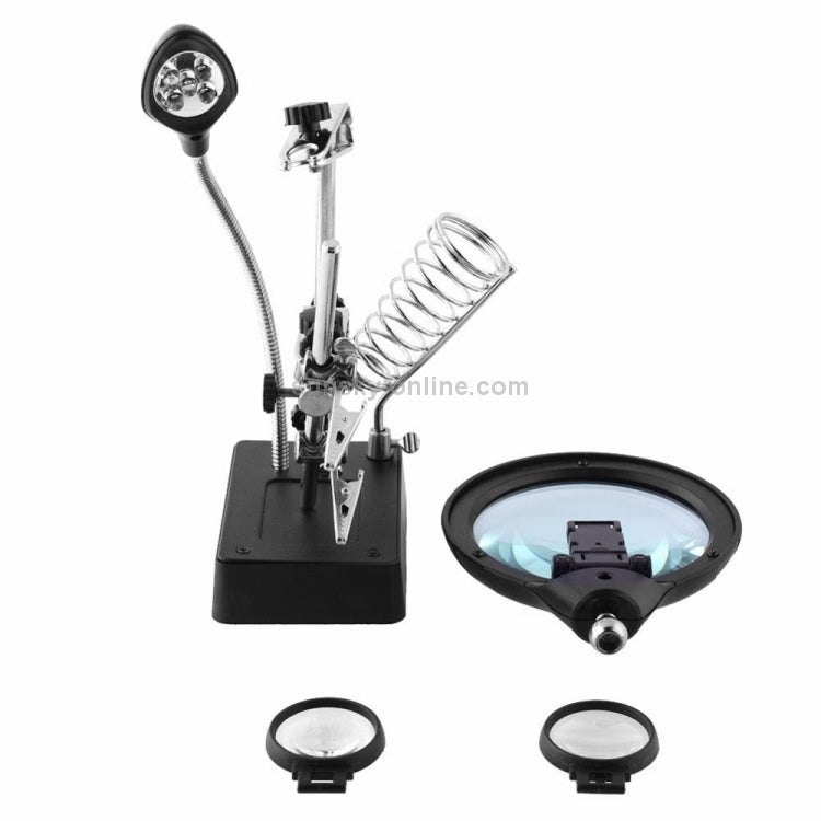 5 LED Auxiliary Clip Magnifier AC/DC Interchangeable with Soldering Stand & Two Magnifier, US Plug  - Silver