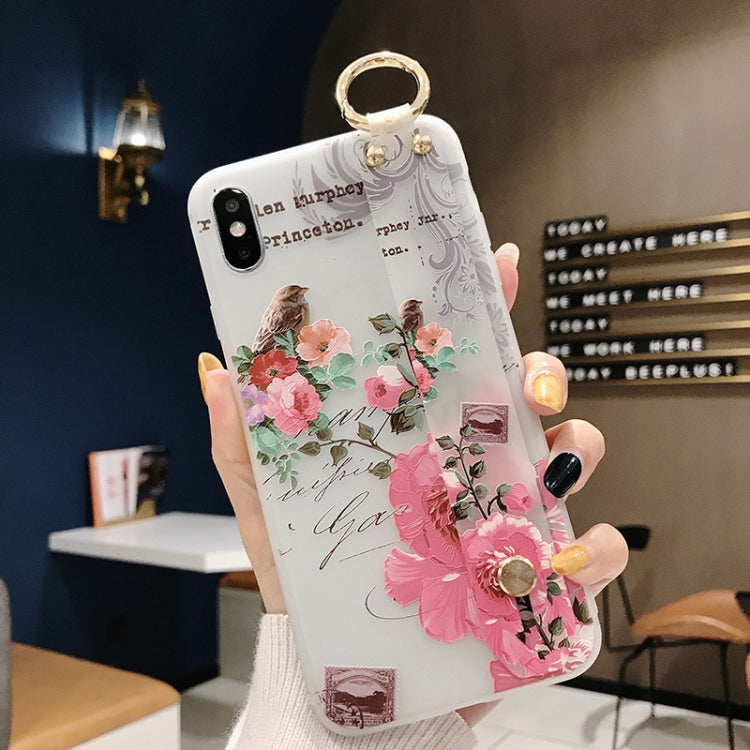 For iPhone X / XS Flowers Pattern Wrist Strap Soft TPU Protective Case