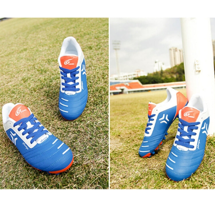 Zhenzu Outdoor Sporting Professional Training PU Short Nail Football Shoes, EU Size: 36(Blue)