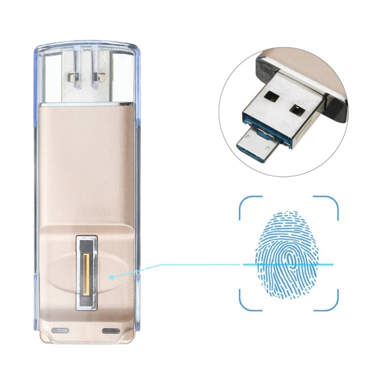 USB 3.0 & Micro USB 16GB Mini USB Flash Drive with Fingerprint Identification Encryption Function for PC and Laptop(Gold)