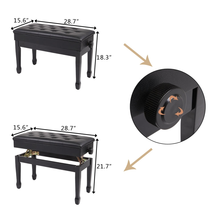 [US Warehouse] Lifting Adjustable PU Leather Double Piano Stool with Bookcase & Horseshoe Legs, Size: 72.9 x 46.5 x 39.6cm