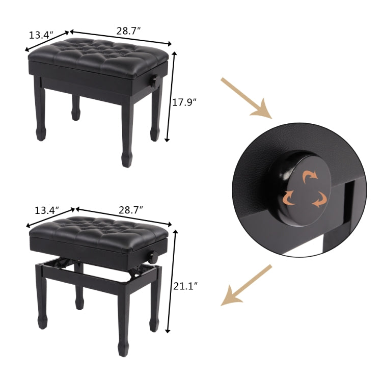 [US Warehouse] Lifting Adjustable PU Leather Single Piano Stool with Bookcase & Horseshoe Legs, Size: 72.9 x 45.5 x 34cm